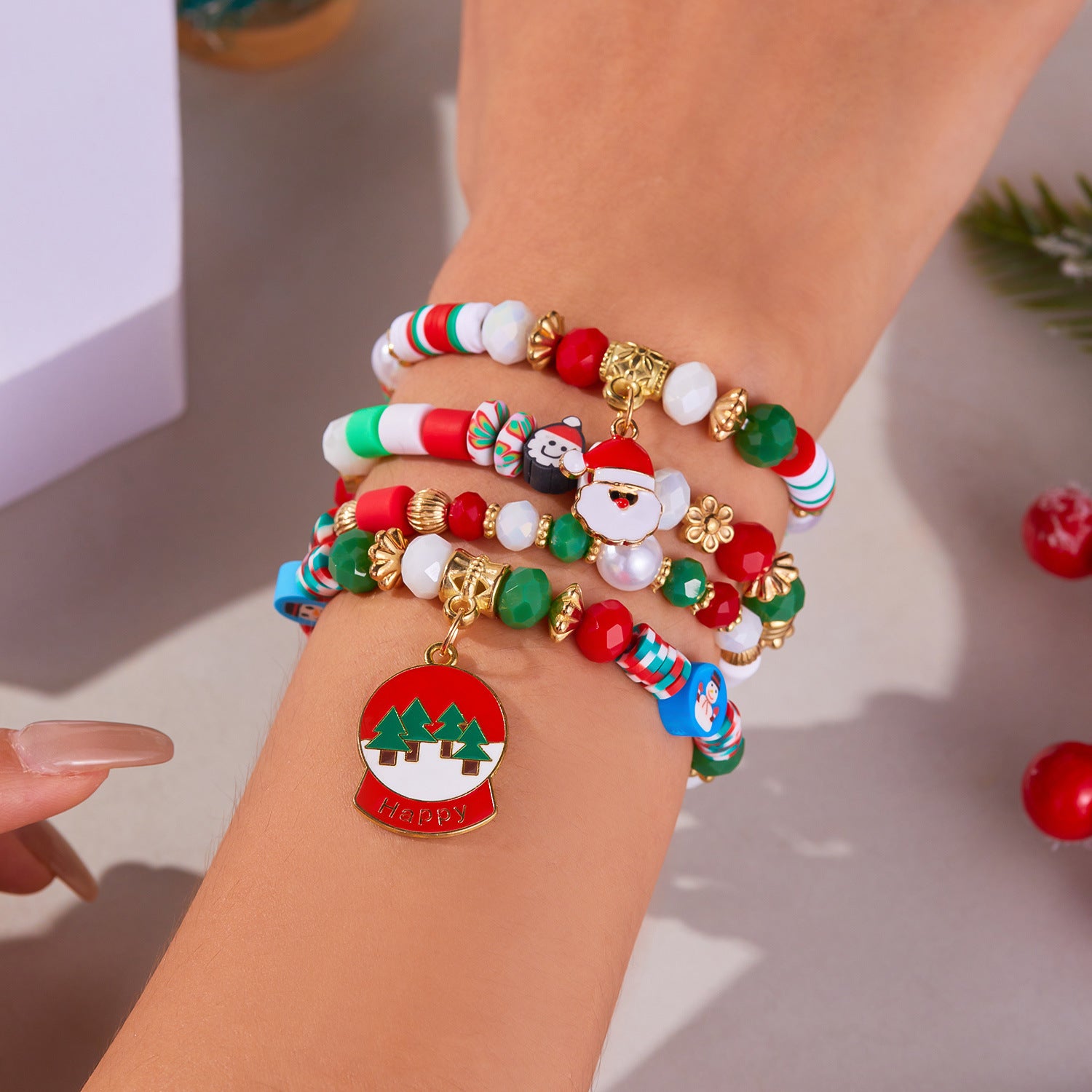 Wholesale Christmas Colorful Acrylic Diamond Snowflake Bell Elastic Beaded Bracelet